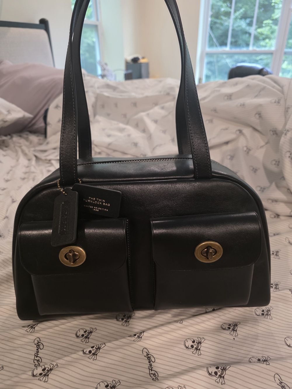Coach Black Leather Twin Turnlock Shoulder Bag with Gold Hardware